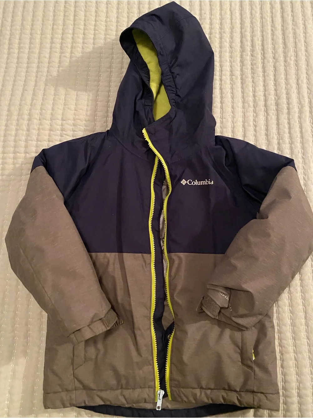 Columbia Navy and Gray Kids Hooded Puffer Jacket with Lime Trim